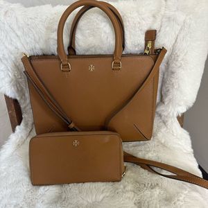Tory Burch Robinson Brown Leather Satchel Crossbody Bag  with Matching Wallet